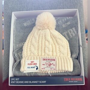 NIB 2pc Set-Knit Cream Color Beanie and Gray Color Blanket Scarf- True Religion